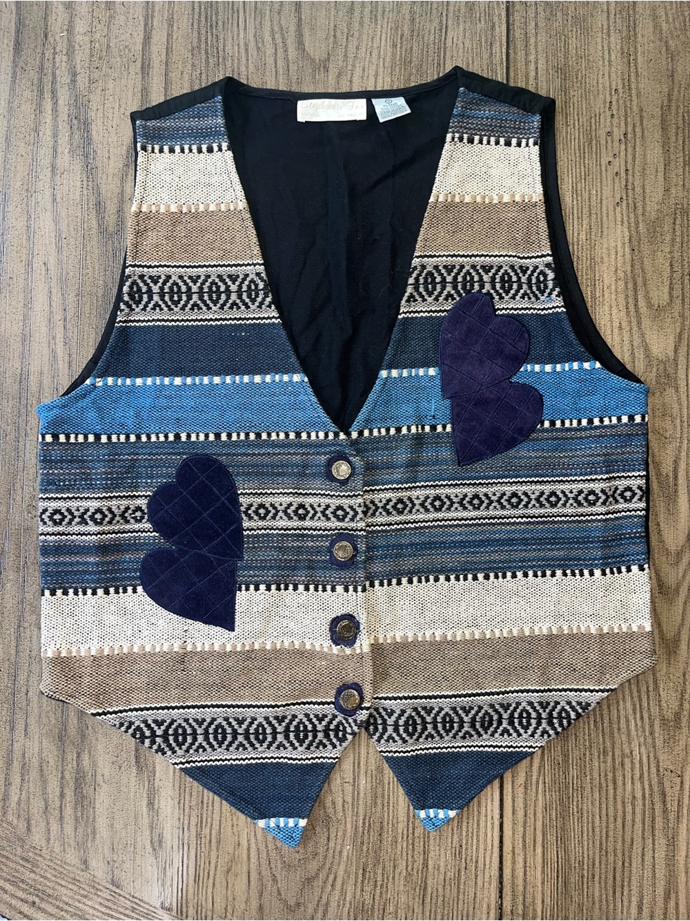 Vintage Striped Blue & Brown Women Vest with Heart Appliqués